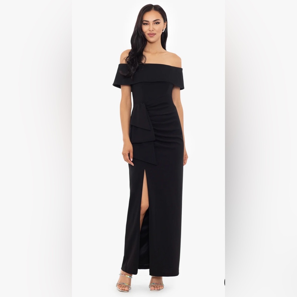 XSCAPE "CAMILA" LONG OFF THE SHOULDER SCUBA CREPE DRESS